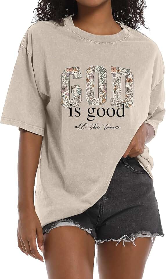 Christian God is Good Shirts for Women Jesus Faith Religious T Shirts Floral Graphic Oversized Acid Washed Tee Tops