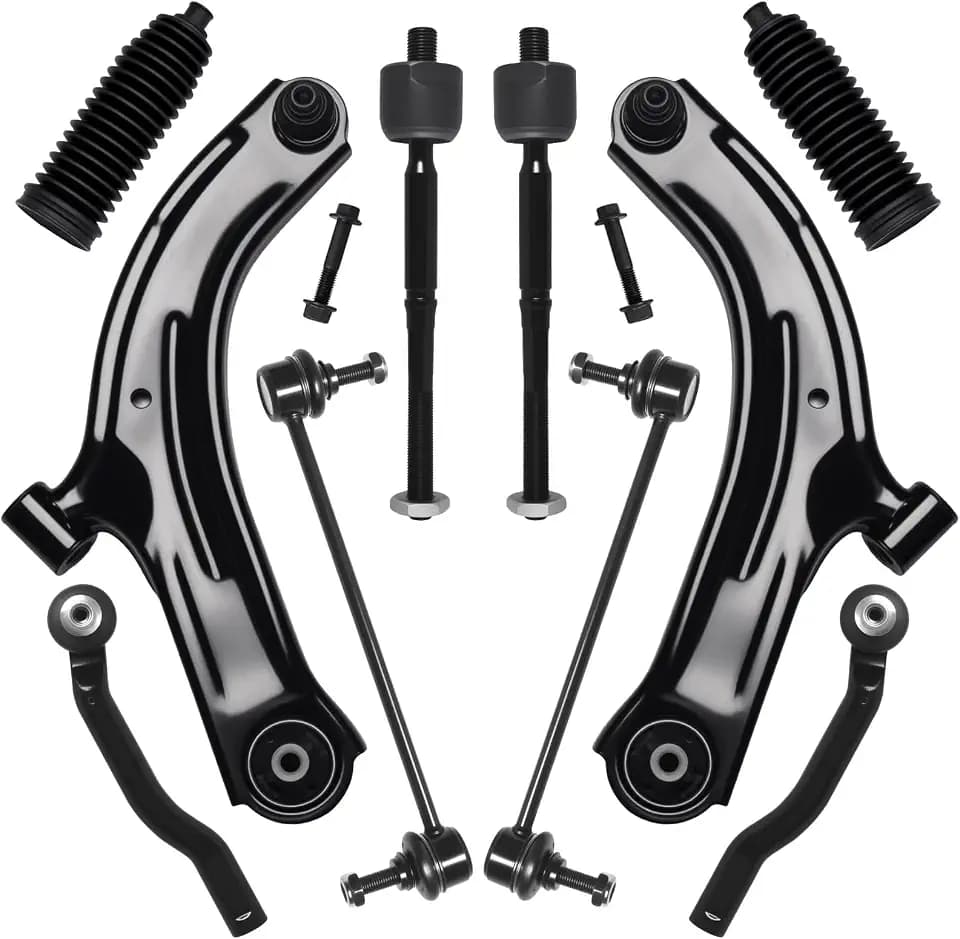 AUQDD 10Pcs Front End Suspension Kit Fit For 2007-2011 Ni-ssan Versa, 2009-2014 Cube, 2 Lower Control Arm w/Ball Joint 2 Sway Bar Link 4 Outer & Inner Tie Rod End (# K620566 K750098 EV800322 ES800248)