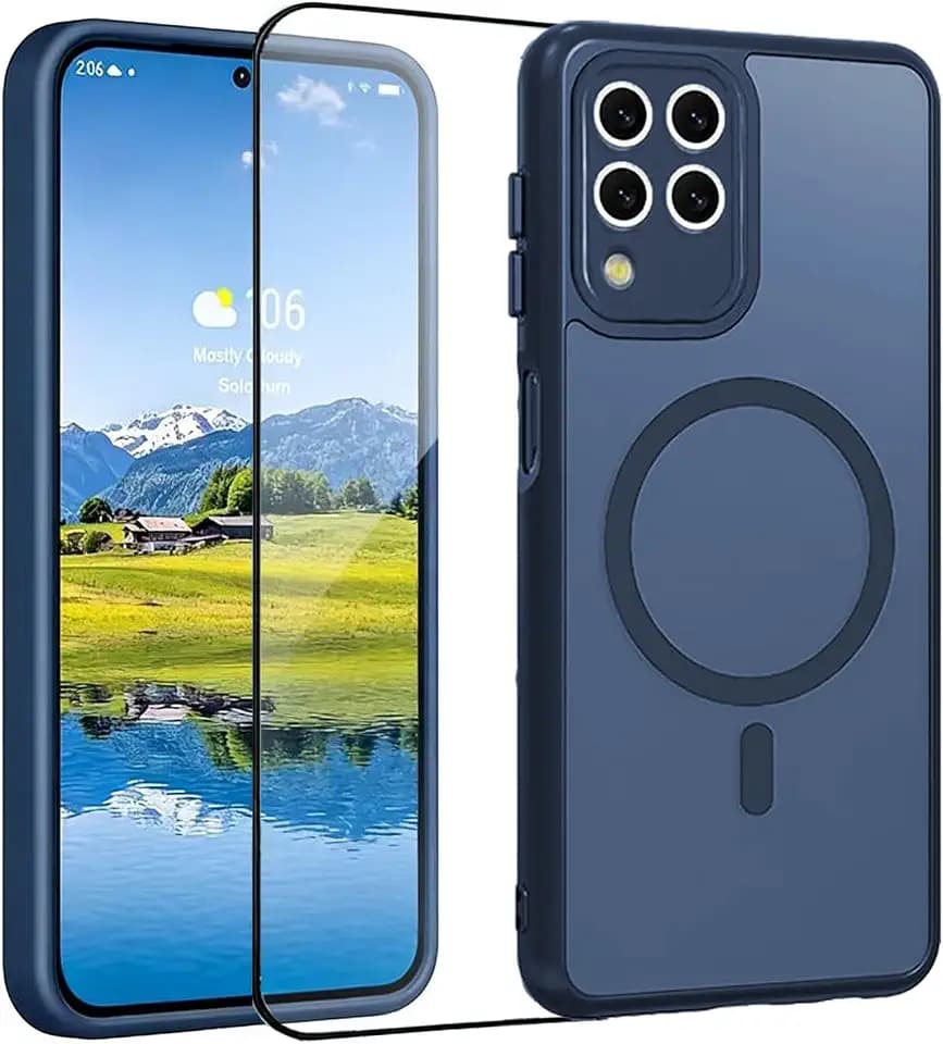 Magnetic for Samsung Galaxy A12 Phone Case with Screen Protector, Translucent Matte Military-Grade Shockproof Protective Anti-Scratch Full Camera Protection Cover Case for Galaxy A12 (Blue)