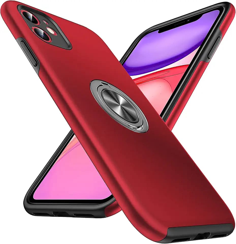 Anqrp Hiddenian Serier Hülle für iPhone 11, [Eingebetteter Ständer] [Militärischer Vollschutz] Mehrschichtig Minimalistischer Hochwertiges Ring Schutzhülle für iPhone 11 (6,1 Zoll), Rot