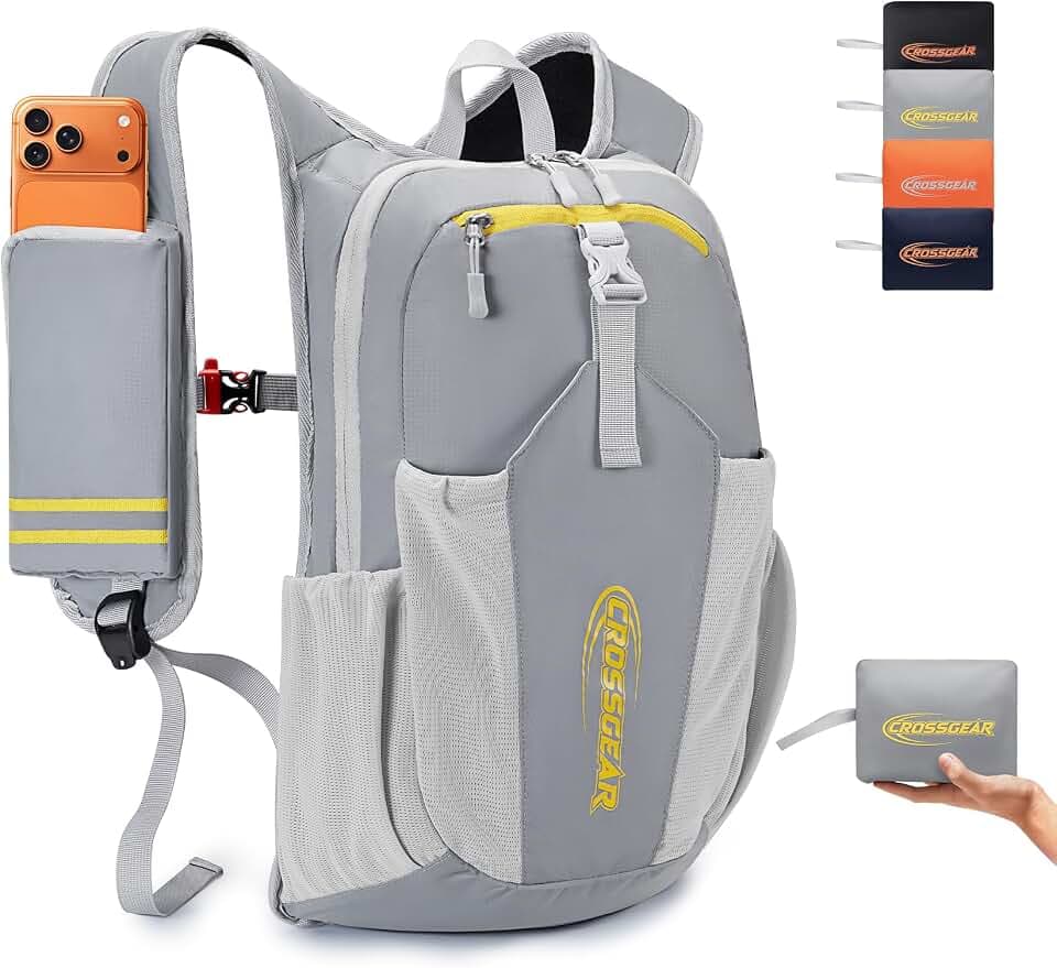 16L Small Hiking Backpack, CROSSGEAR Lightweight Waterproof Foldable Backpack, Travel Camping Outdoor Daypack for Women Men, Gray