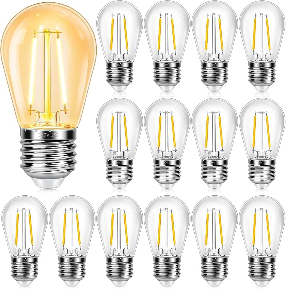 Caldarax 15 Stück S14 E27 2W LED Glühbirnen, Ersatz 20W Glühbirnen Außen, 2700K Warmweiß, AC220-240V, S14 Klar Birnen, Nicht Dimmbar, Ersatzbirne für Innen Außen-Lichterketten, Camping, Garten, Party