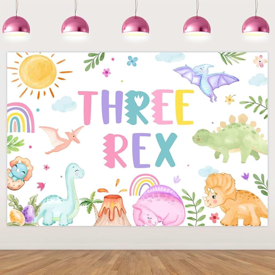 Dinosaur 3rd Birthday Backdrop 5x3ft, Three Rex Photography Background Watercolor Dino Theme Photo Booth Props, Pink Jungle Animal 3 Year Old Party Supplies for Girl