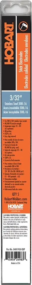Hobart 308L Stainless Steel Stick Electrodes 3/32 in
