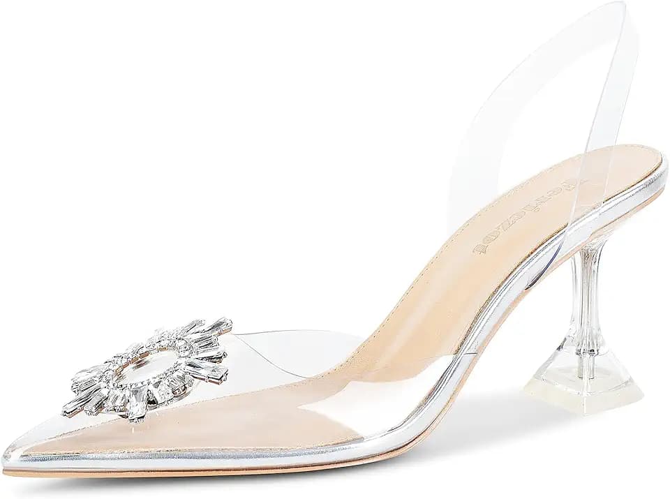 Fericzot Women's Clear Heels Shoes,Slingback Crystal Rhinestones Wedding Pointed Toe Shoes High Heel Sandals