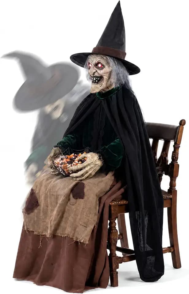 Hourleey Animated Halloween Witch Decorations, Sound & Motion Activated Sitting Witch with Glowing Eyes and Sound, Animatronics Scary Witch Decor for Porch Yard Haunted House Indoor Outdoor Party
