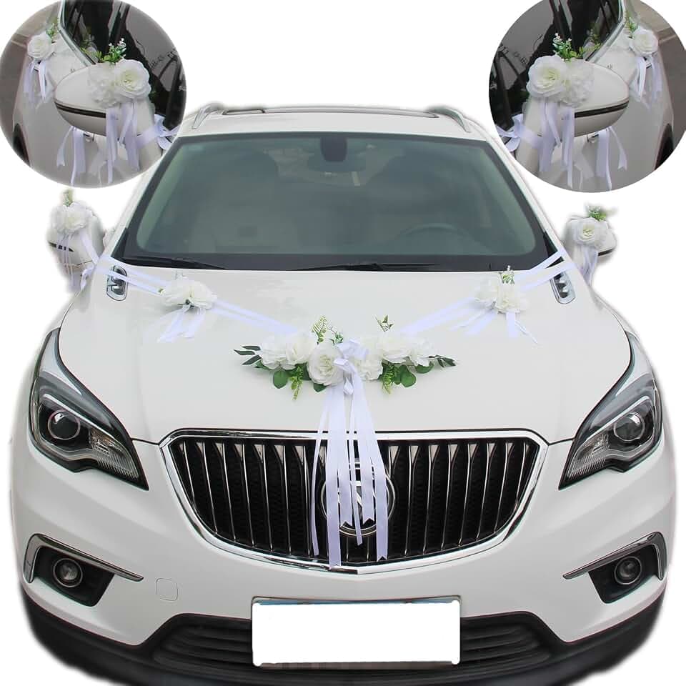 Premium Autoschmuck Hochzeit Motorhaube, Auto Schmuck Braut Paar Rose Blumen Deko, Auto Wedding Deko Girlande,Weiß Rosendekoration, Hochzeitsauto Dekorationsset mit Extrastarken Saugnäpfen und Band