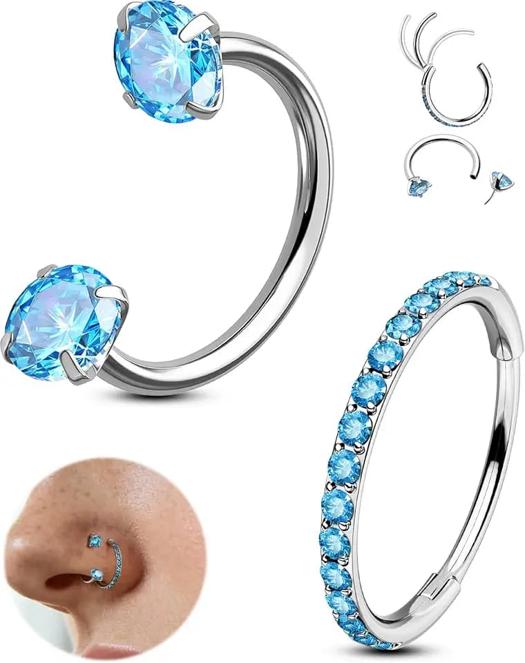 OUFER 2PCS Nose Rings Hoops, 20g Double Gem Horseshoe Threadless Nose Rings for Women, Septum Clicker Daith Tragus Helix Rook Eyebrow Lip Piercing Jewelry