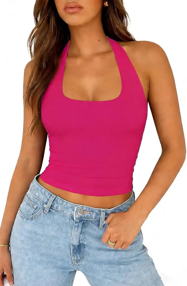 ForeFair Halter Tank Tops for Women Going Out Top Double Lined Crop Backless