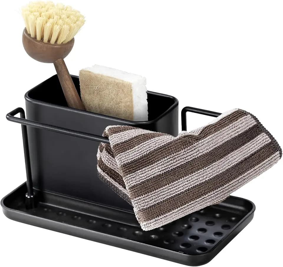 WENKO Spülorganizer Mod. Orio, Spülcaddy mit Behälter aus rostfreiem Edelstahl abnehmbar, stabile Bodenschale aus Kunststoff, Maße (B x H x T): 21 x 10,5 x 12 cm, Schwarz