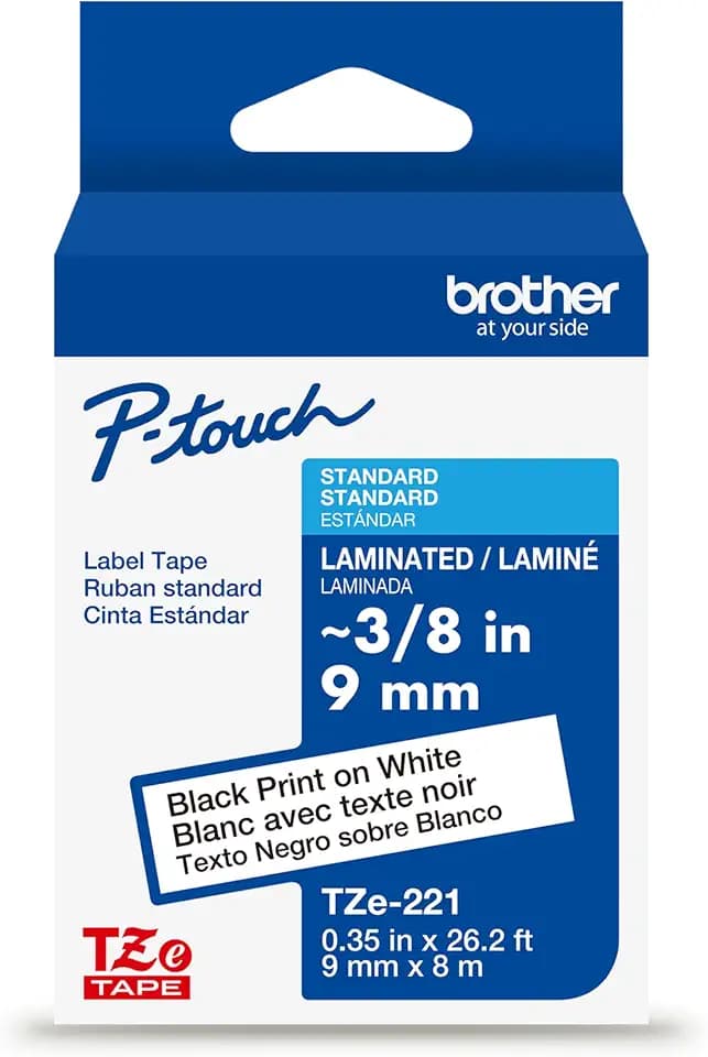 Brother Genuine TZe221 3/8" Black Print on White Label Tape. Each: 0.35 in x 26.2 ft (9 mm x 8 m)
