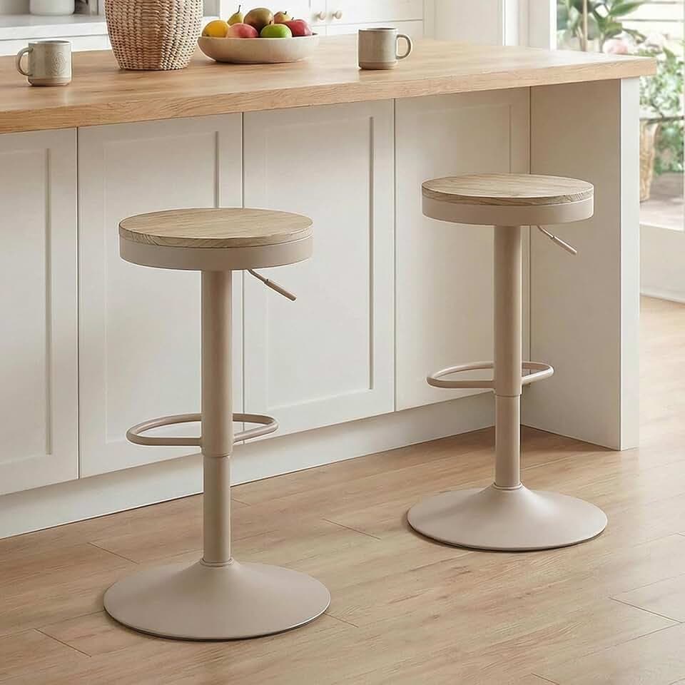 Kidol & Shellder Barhocker 2er Set Beige, Höhenverstellbar 56-80cm, Drehbar, Ohne Lehne, Holz Sitzfläche, Mit Fußrasten, Küchenbarhocker