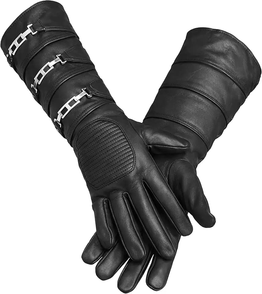 URBAN BUCK Real Sheepskin Leather Sky Gauntlet Costume Glove - Regular Fit Long Arm Cuff Mens Premium Cosplay Gloves Set