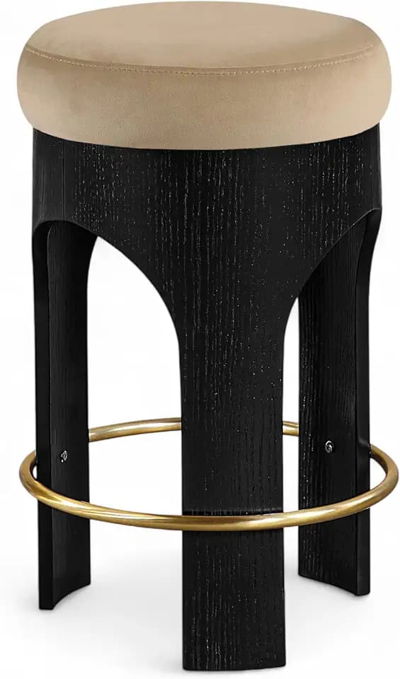 Meridian Furniture 11058Beige-C Bocceli Collection Art Deco Counter Stool with Ultra Luxe Beige 460 GSM Velvet, Black Finish, Solid Wood, Oak Veneer, 16.25" W x 16.25" D x 26.5" H, Beige
