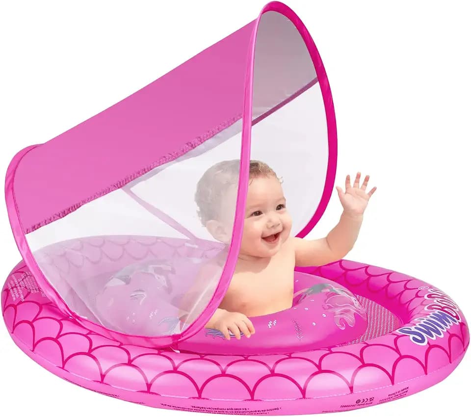 Baby Pool Float Ring with Adjustable Sun Canopy and Safety Seat Pool Toy for Age of 6-36 Months