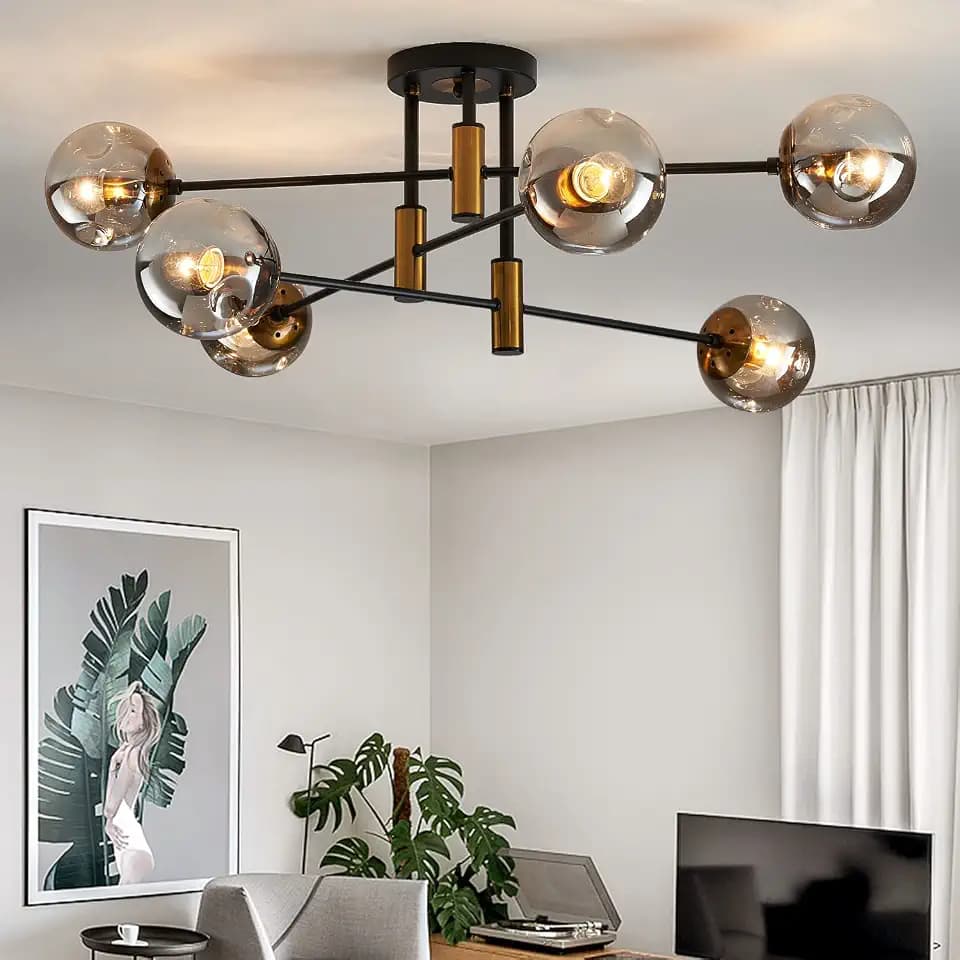 6-Light Sputnik Ceiling Light Fixture Mid Century Black and Gold Chandelier