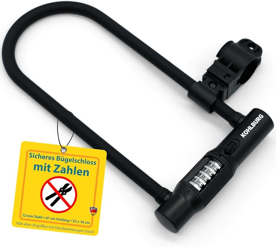 KOHLBURG Sicherheits- Bügelschloss Zahlenschloss für E-Bike & Fahrrad | Bügel Schloss mit Zahlencode & Halterung (mit 12mm Stahlkern & Zahlen aus Stahl) – U Lock Bike Fahrradschloss hohe Sicherheit