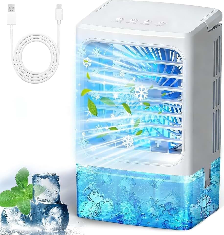 Mini Air Conditioner Small Portable AC Unit Portable Air Conditioners with 1500ml spray/hour 3 Speed Wind & 7 Colorful LED Light Cool Mist &Timer Evaporative Air Cooler for Bedroom/Home/Office