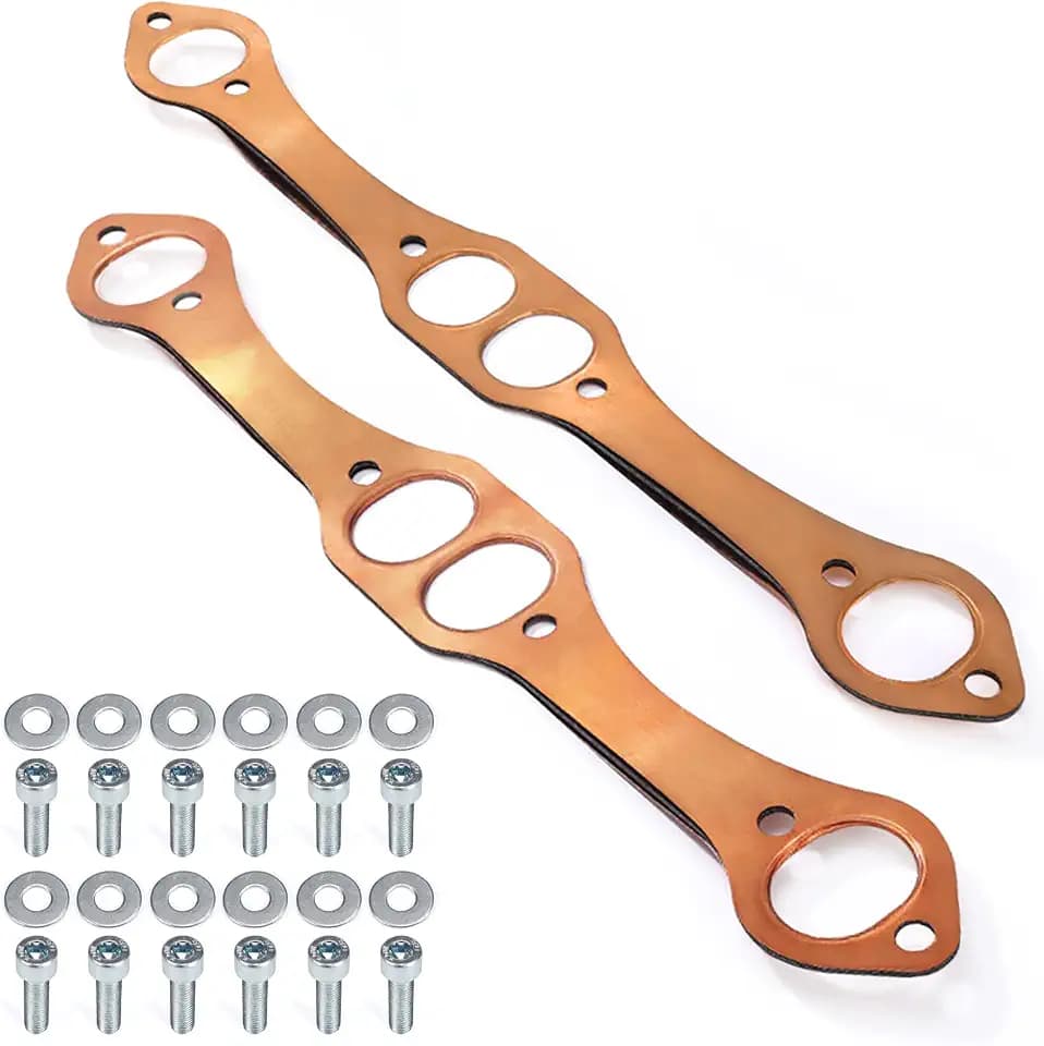 Copper Exhaust Header Gaskets & 1.18" Extended Bolts Kit, Compatible with Small Block Chevy SBC 283 305 327 350 400 V8, Reusable Seal - Round/Oval Port
