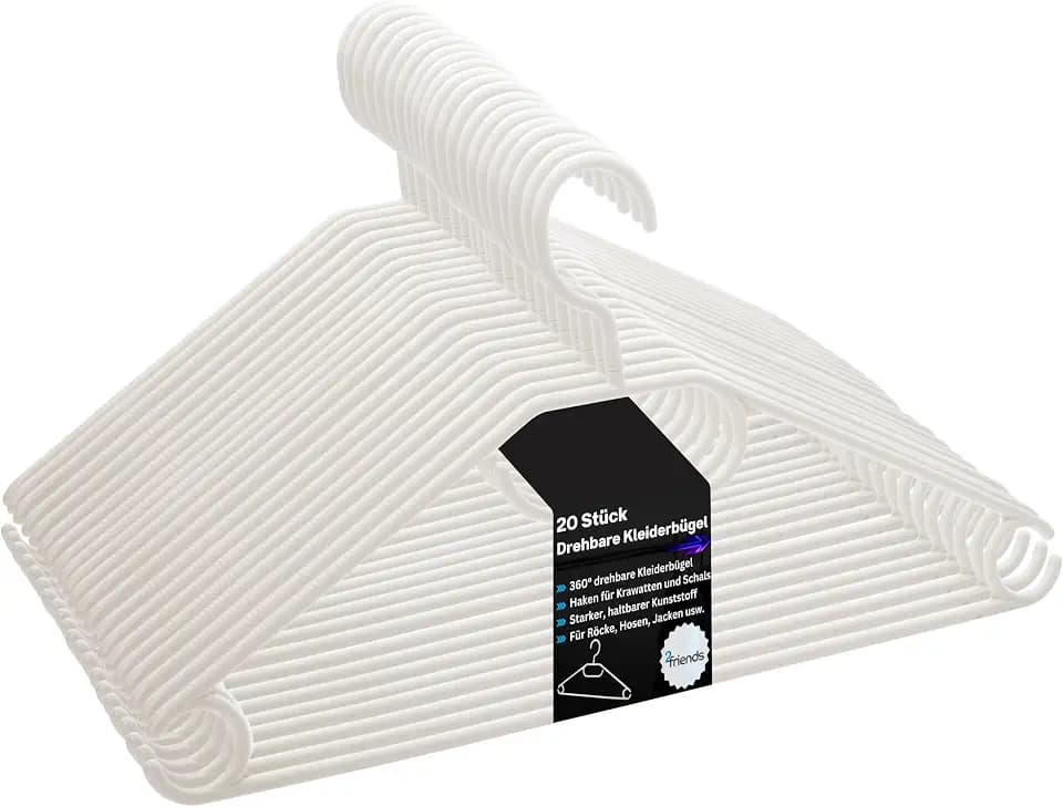 20er Set Kleiderbügel weiß Kunststoff – platzsparende Kleider Bügel mit drehbarem Haken, Anti-Rutsch-Rillen, Gürtel- & Krawattenhalter, Hosenstange – 100% Recyclingmaterial Made in EU