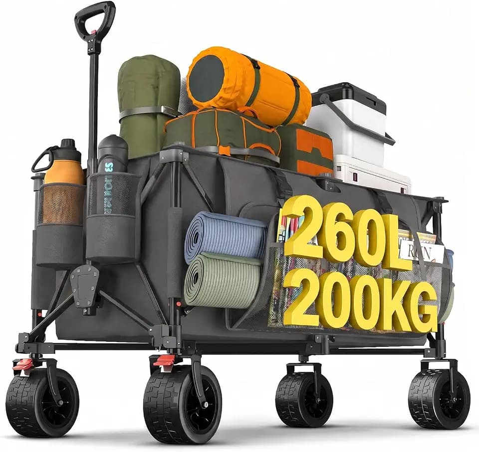 JUMMICO XXXL Faltbarer Bollerwagen 260L 200KG Tragkraft, Kapazität 17cm Ballonreifen Doppelte Feststellbremse Strand Einkauf Fest Camping Transportwagen, Grau