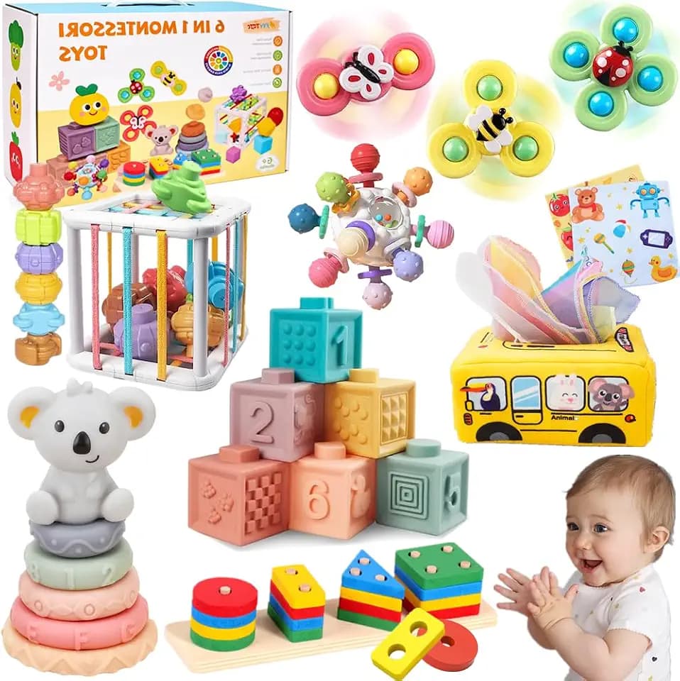 Montessori Baby Toys 6-12-18 Months, Toys for 1 + Year Old, Infant Teething Toy Stacking Building Blocks Shape Sorter, Spinner and More. Sorting Sensory Educational Learning Gift for Toddlers 1-3