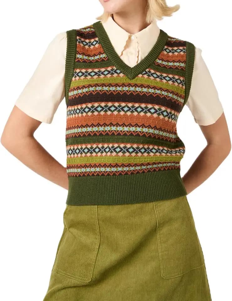 Women Vintage Knit Crop Sweater Boho Sleeveless V Neck Colorful Argyle Plaid Pattern Slim Fit Preppy Sweater Vest