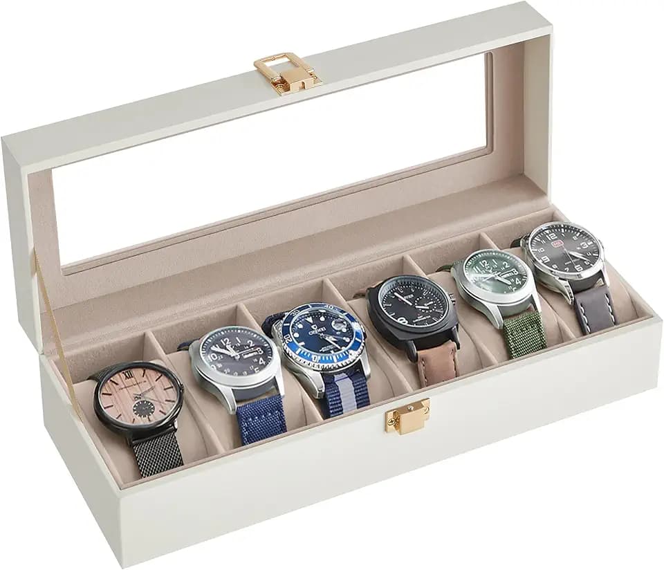 SONGMICS Uhrenbox mit 6 Fächern, Glasdeckel, herausnehmbare Uhrenkissen