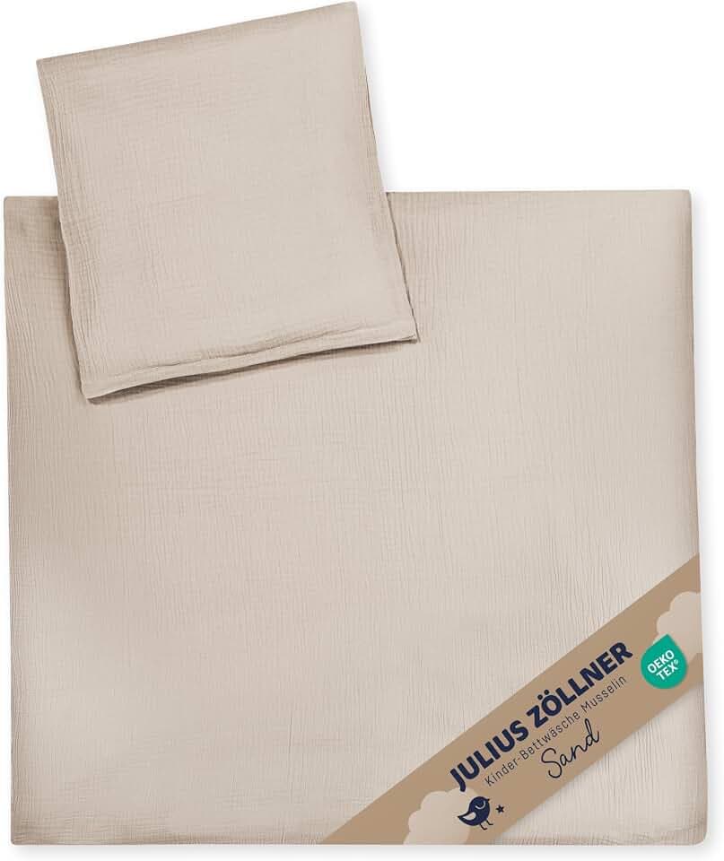 Julius Zöllner Musselin Kinderbettwäsche 80x80 + 35x40 cm | 2-teiliges Set aus Deckenbezug und Kissenbezug aus 100% Baumwollmusselin | Oeko-TEX Standard 100 | Sand