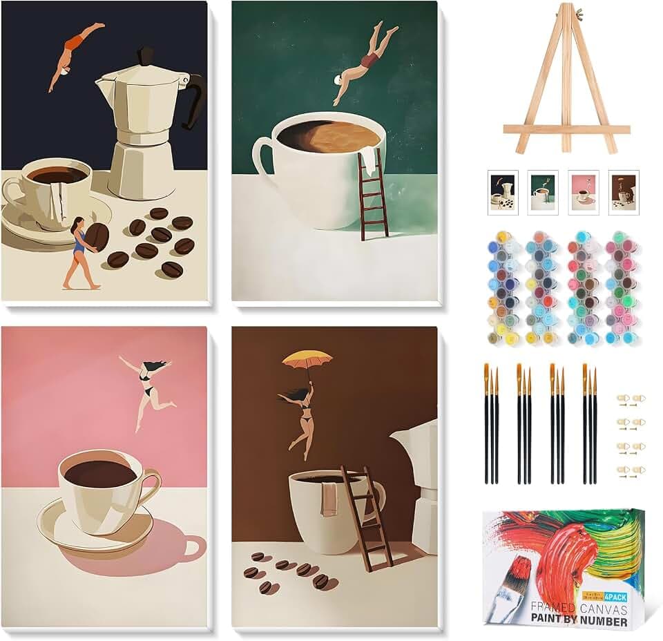 Camocin 4 Pack Framed Paint by Numbers Kit for Adults with Wooden Easel