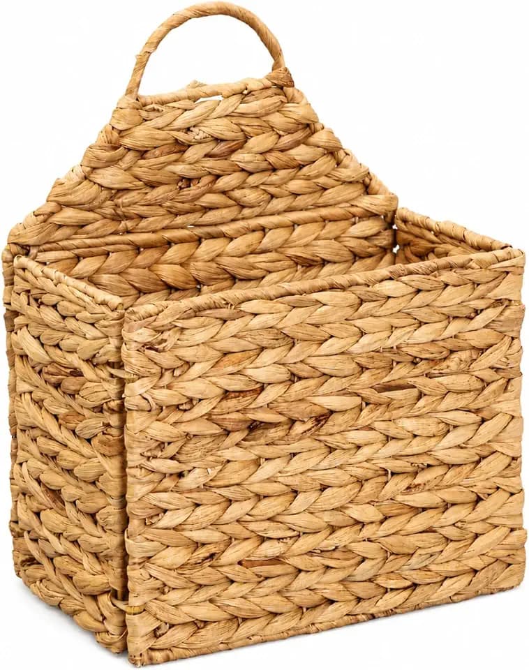 Hanging Wall Basket - Flat Back Woven Storage Organizer for Mail, Books, and Magazines - Decorative Wall Hanging Basket Decor for Front Door, Entryway, and Farmhouse Home Decor, Beige