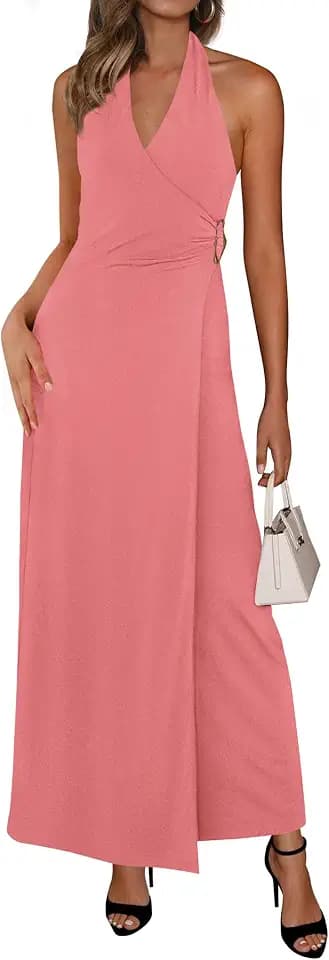 PRETTYGARDEN Halter Dresses for Women 2026 Elegant Classy Spring V Neck Tie Backless Summer Wedding Guest Cocktail Midi Dress