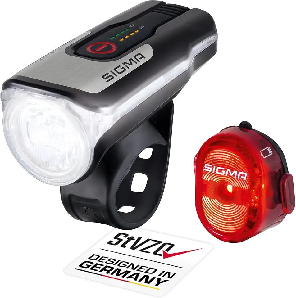 SIGMA LED Fahrradlicht Set Aura 80 & NUGGET II | StVZO zugelassen | akkubetriebenes Vorderlicht und Rücklicht | spritzwassergeschütztes Fahrradbeleuchtungsset, wiederaufladbar