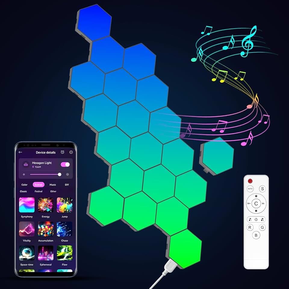 Kangtaixin LED Sechseck Gaming Wandleuchte 20pcs Hexagon RGB Panel - Sechseck Waben Wall Light Musik Sync Deko Hexa Wandbeleuchtung Smart Sechseckige Gamer Room Deko Modular Lampe