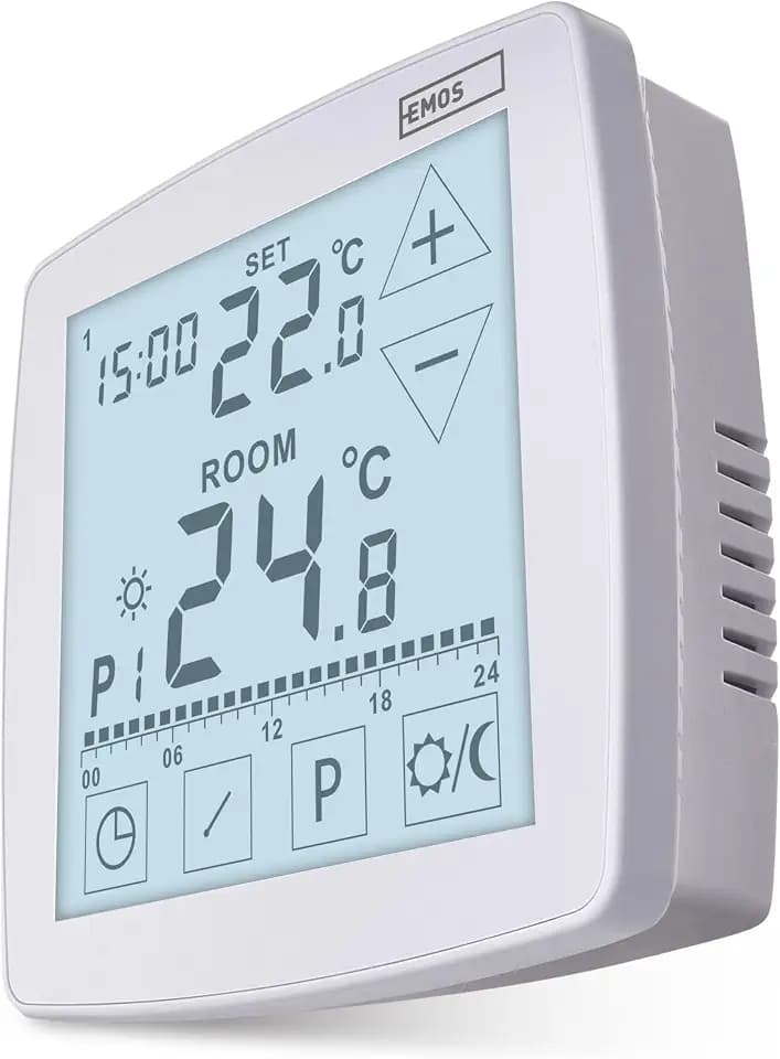 EMOS - digitaler Raumthermostat mit OpenTherm - programmierbar, drahtgebunden, 2X 1,5 V Batterie - Heiz-/Kühlsysteme - Temperaturregelung 7-30 °C - Aufputzmontage - Frostschutz - weiß