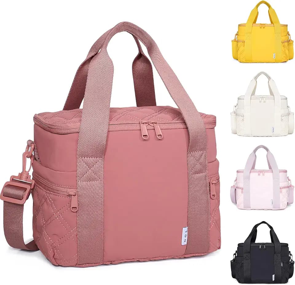 NOL Women's Nylon Lunch Cooler Cute Quilted Lunch Bag Large Leakproof Insulated Lunch Tote Bag for Work Picnic Travel,Dark Pink
