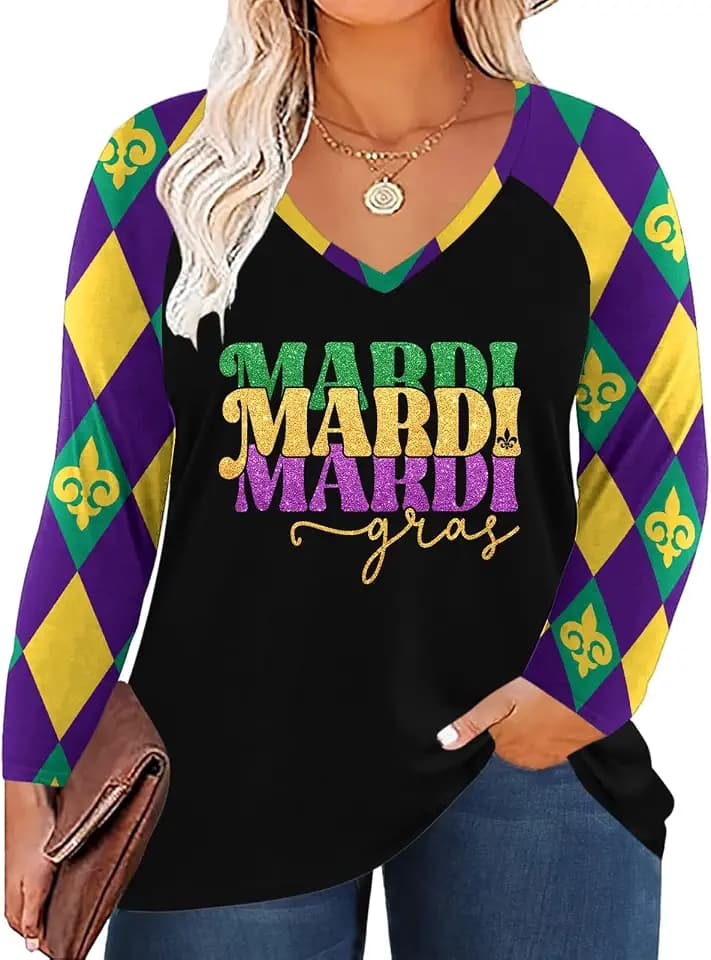 QAUN Plus Size Mardi Gras Shirt: Fat Tuesday Carnival Vneck Tshirt Carnival Outfit Long Sleeve Tops