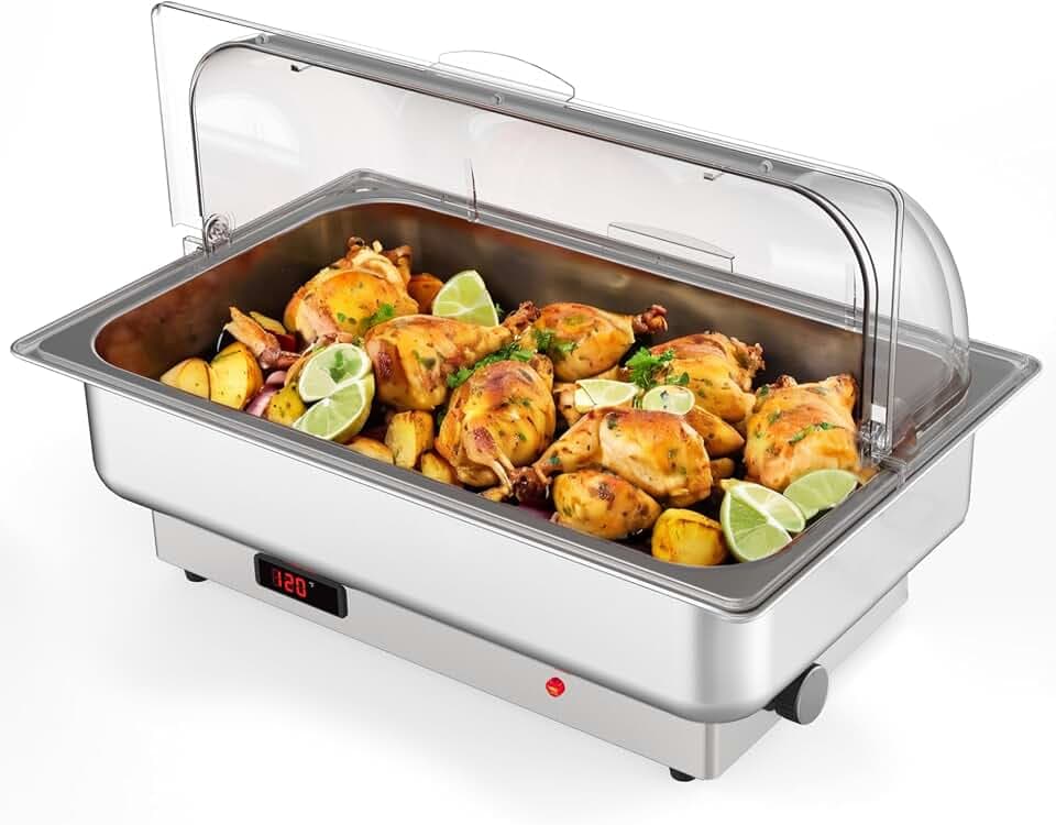 9 QT Electric Chafing Dish Set for Buffet with Temperature Control, Roll Top Stainless Steel Buffet Servers and Warmers with Transparent Lid for Catering and Parties