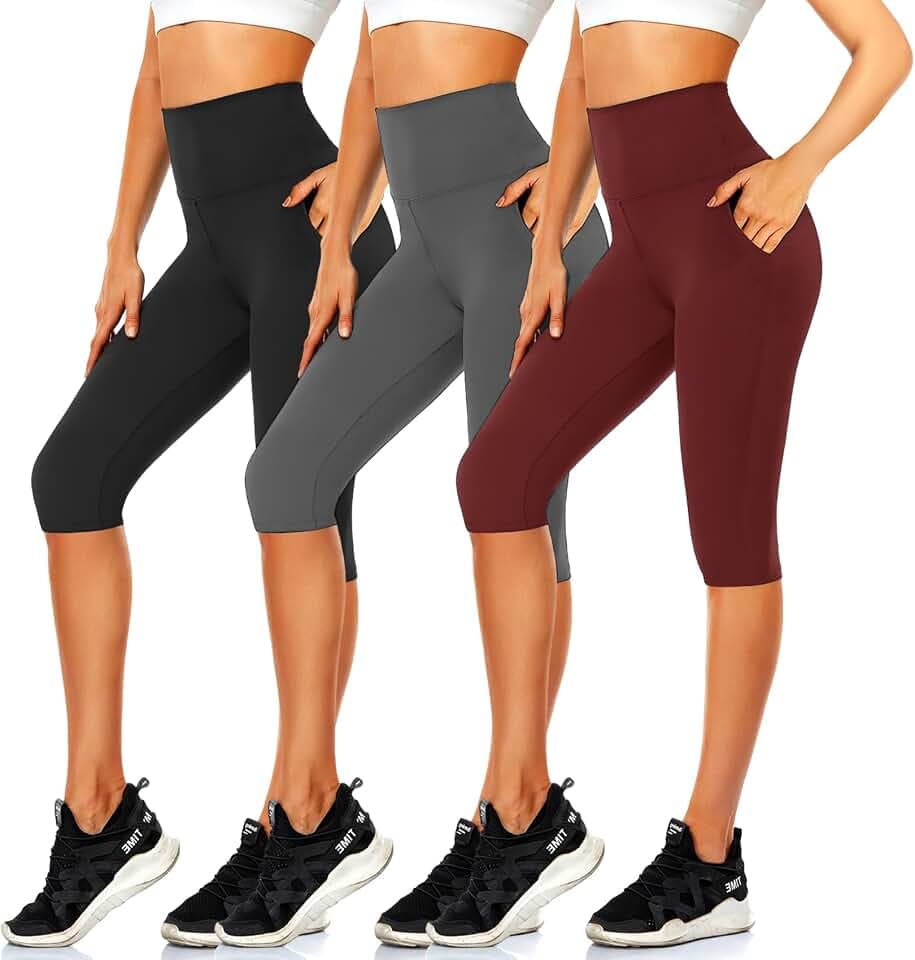 CTHH 3 Pack Capri Pants with Pockets - High Waisted Knee Length Yoga Leggings, Workout Biker Shorts for Women Running Summer