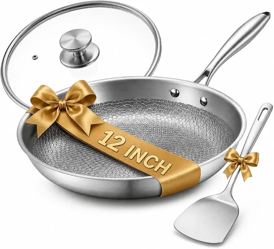 Titanium Pans for Cooking, 12 Inch Titanium Frying Pan with Lid and Spatula, PFAS/PFOA/PTFE-Free Non Stick Cookware, Hammered Skillet, Oven & Dishwasher Safe, Compatible With All Cooktops