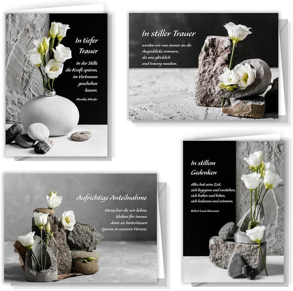 8 Trauerkarten Beileidskarten Trauer mit Text und Umschlag Beileid Klappkarten mit Spruch Beerdigung Anteilnahme stilvoll weiße zarte Blume und Stein Kondolenz Kondolenzkarten zum Abschied