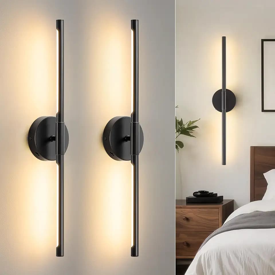 Hardwired Wall Sconces Set of Two, 24'' Modern Black LED Wall Lights, 360° Rotatable, 2700K-5000K Adjustable, 3CCT Dimmable Wall Sconce Light Fixture for Living Room Bedroom Hallway, ETL