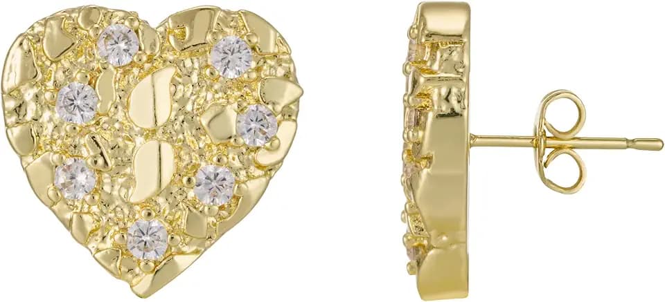 14K Gold Plated Rough Textured Cookie Nugget Earrings For Women Nugget Stud Cubic Zirconia CZ Heart Shape Gold Studs Earrings
