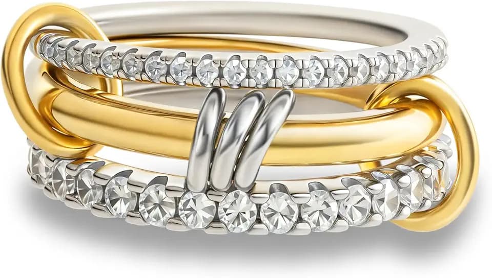Gold Stackable Rings for Women Non Tarnish, 18k Gold Plated Cubic Zirconia Rings, Silver Gold Multi Ring Mixed Metals Stack Rings Set