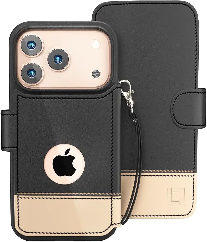 For iPhone 17 Pro Wallet Case, Ultra Slim & Protective, Shockproof, Credit Card Holder, Wireless Charging Compatible, Premium Vegan Leather, Folio Cover (6.3"), With Wristlet, Golden Dusk (Black&Gold)