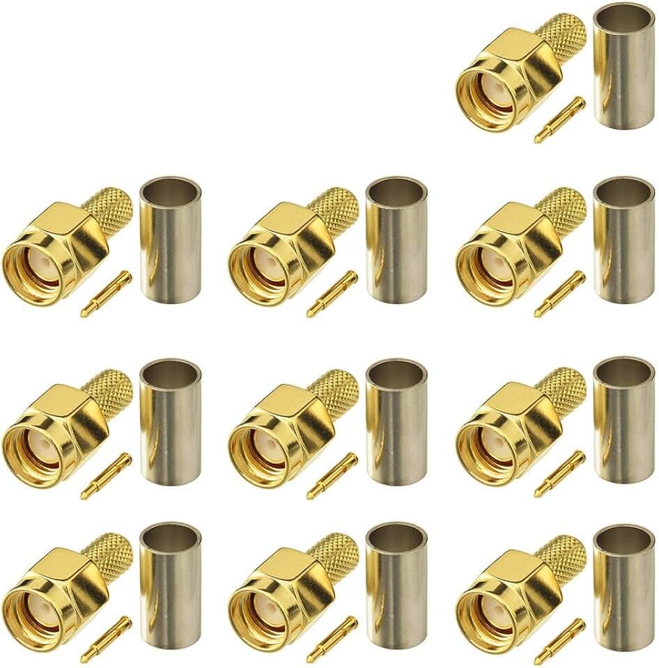BINGFU SMA Male Crimp Solder Attachment 50 Ohm Gold Plated Copper Connector (10-Pack) Compatible with RG58 RG303 RG141 RG142 RG400 Low Loss 195 Coaxial Coax Jumper Cable