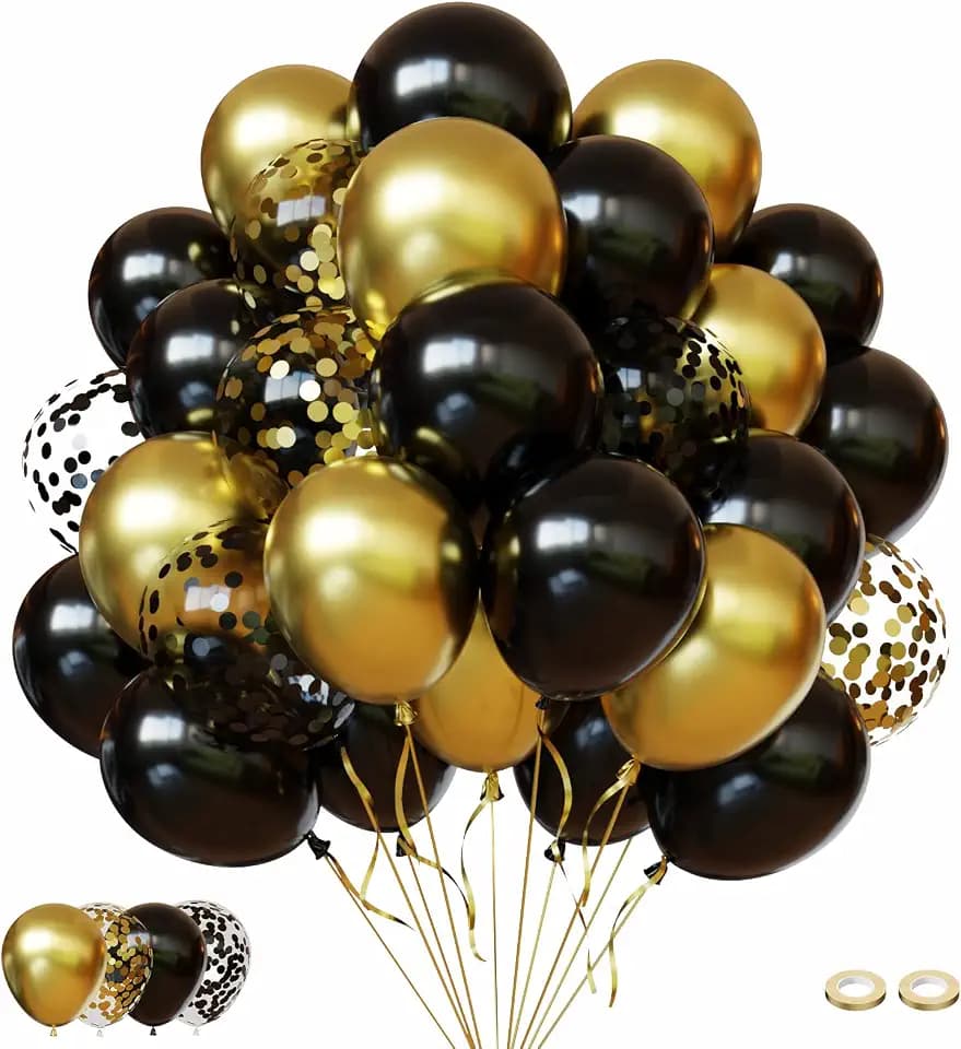 Luftballons Geburtstag Luftballons Schwarz Gold FQZYLCH 60 Stück 12 zoll Goldene Metallic Luftballons Schwarze Konfetti Ballons für Hochzeit Silvester Firmenfeier Ramadan EID Party Deko