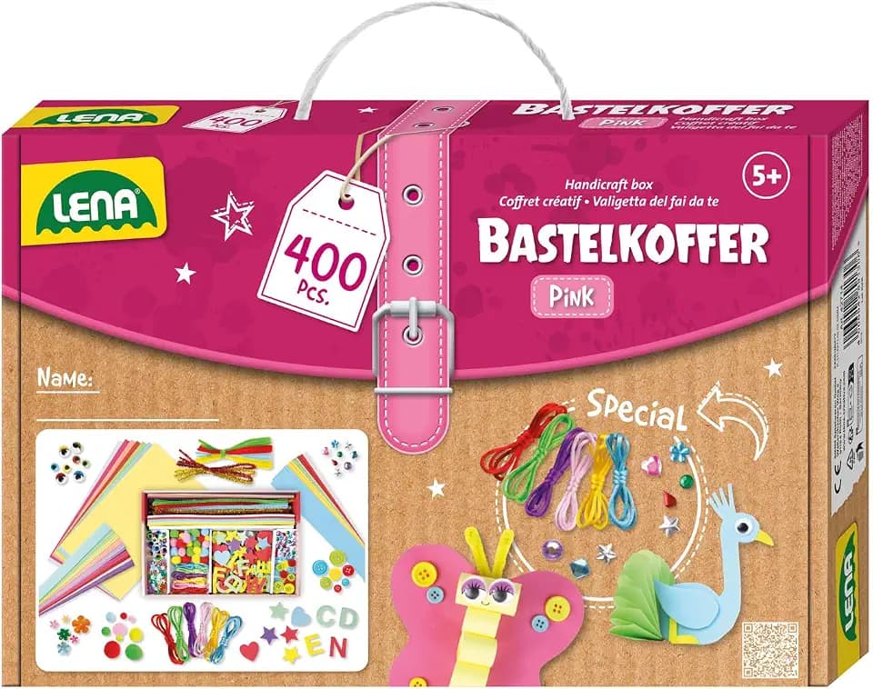Lena Bastelkoffer mit 400 Teilen, Bastelset bestehend aus Papier, Moosgummi, Pfeifenreiniger, Strasssteine, Wackelaugen, Pompons und Knöpfe, Pink & Lila, geeignet für Kinder ab 5 Jahren