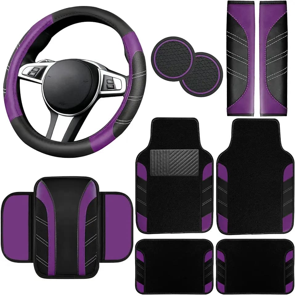 NBTEPEM 10 Pcs Purple Car Floor Mats Full Set & Sport Leather Purple Steering Wheel Cover 14.5-15 inch, Center Console Cover, Seat Belt Cushion, Cup Holder Coaster, Universal Automobile Interior Sets