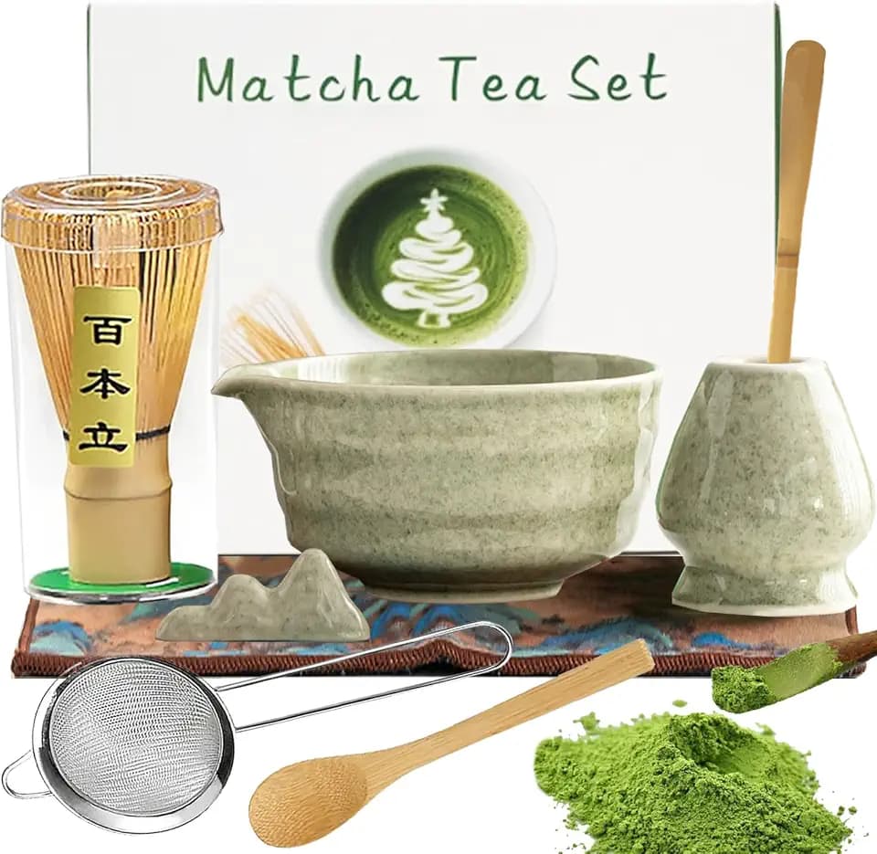 8 Stück Premium Matcha Set, Matcha-Schale, 2 Teelöffel, Sieb, Matcha-Besenhalter, Macha-Besenständer, Geschirrtuch, Kleiner Stifthalter – Macha-Tea Sets für Matcha-Liebhaber